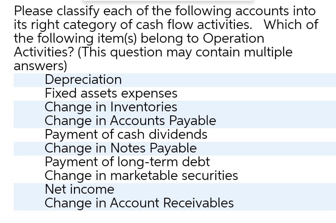 Please classify each of the following accounts into
its right category of cash flow activities. Which of
the following item(s) belong to Operation
Activities? (This question may contain multiple
answers)
Depreciation
Fixed assets expenses
Change in Inventories
Change in Accounts Payable
Payment of cash dividends
Change in Notes Payable
Payment of long-term debt
Change in marketable securities
Net income
Change in ACcount Receivables
