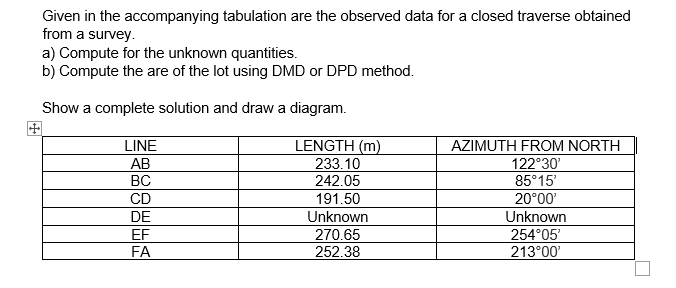 Given in the accompanying tabulation are the observed data for a closed traverse obtained
from a survey.
a) Compute for the unknown quantities.
b) Compute the are of the lot using DMD or DPD method.
Show a complete solution and draw a diagram.
田
LINE
LENGTH (m)
AZIMUTH FROM NORTH
AB
BC
233.10
122°30
85°15
242.05
CD
DE
EF
191.50
Unknown
20°00'
Unknown
270.65
254°05'
FA
252.38
213°00'
