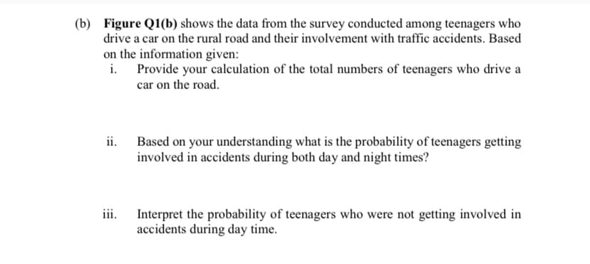 (b) Figure Q1(b) shows the data from the survey conducted among teenagers who
drive a car on the rural road and their involvement with traffic accidents. Based
on the information given:
i. Provide your calculation of the total numbers of teenagers who drive a
car on the road.
ii.
Based on your understanding what is the probability of teenagers getting
involved in accidents during both day and night times?
iii.
Interpret the probability of teenagers who were not getting involved in
accidents during day time.
