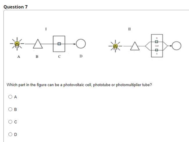 Question 7
II
в
Which part in the figure can be a photovoltaic cell, phototube or photomultiplier tube?
O A
O c
B.
