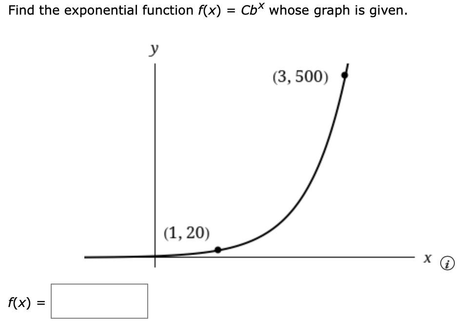 Find the exponential function f(x) = Cbx whose graph is given.
y
(3,500)
f(x) =
(1, 20)
X i