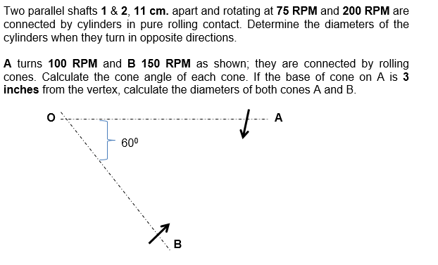Two parallel shafts 1 & 2, 11 cm. apart and rotating at 75 RPM and 200 RPM are
connected by cylinders in pure rolling contact. Determine the diameters of the
cylinders when they turn in opposite directions.
A turns 100 RPM and B 150 RPM as shown; they are connected by rolling
cones. Calculate the cone angle of each cone. If the base of cone on A is 3
inches from the vertex, calculate the diameters of both cones A and B.
A
60°
