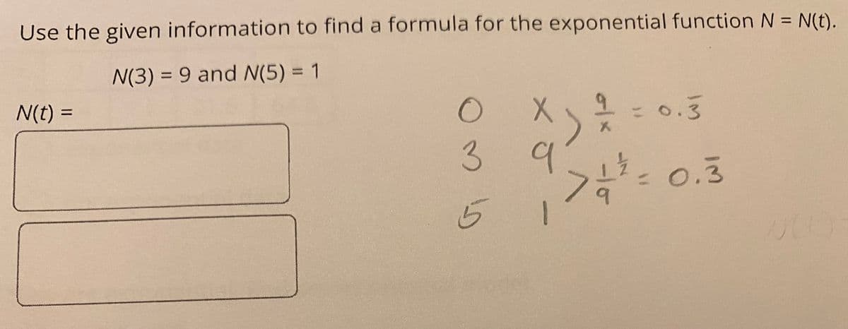 Use the given information to find a formula for the exponential function N = N(t).
N(3) = 9 and N(5) = 1
N(t) =
Om
3
G
X
q
= 0.3
> 4 / 1/ = 0.3
51
1