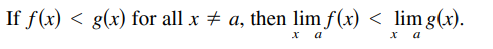 If f(x) < g(x) for all x + a, then lim f(x) < lim g(x).
x a
x a
