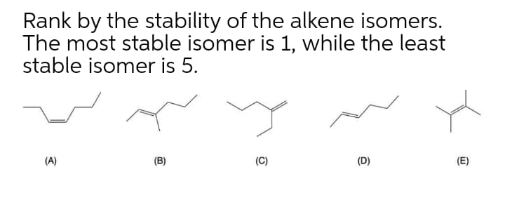Rank by the stability of the alkene isomers.
The most stable isomer is 1, while the least
stable isomer is 5.
(A)
(B)
(C)
(D)
(E)
