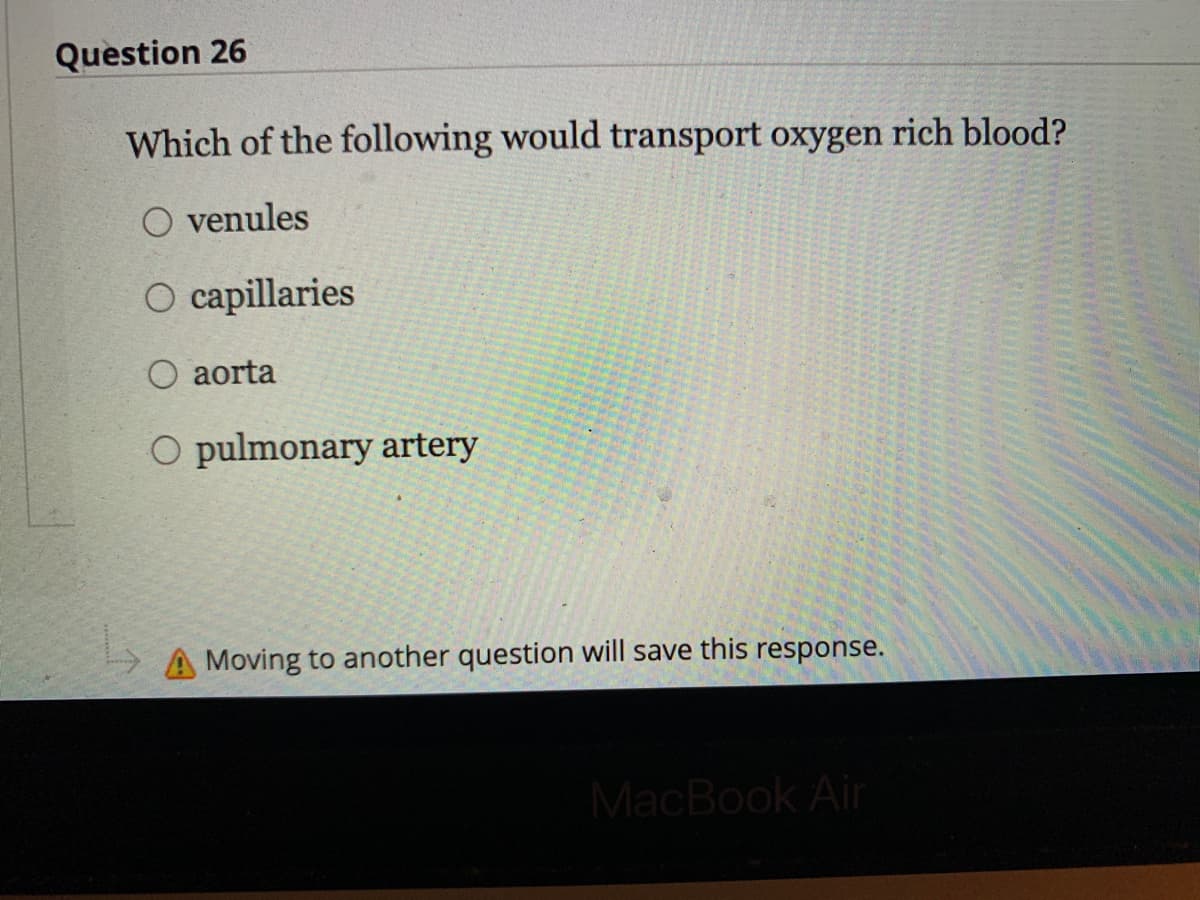 Question 26
Which of the following would transport oxygen rich blood?
O venules
O capillaries
O aorta
O pulmonary artery
A Moving to another question will save this response.
MacBook Air
