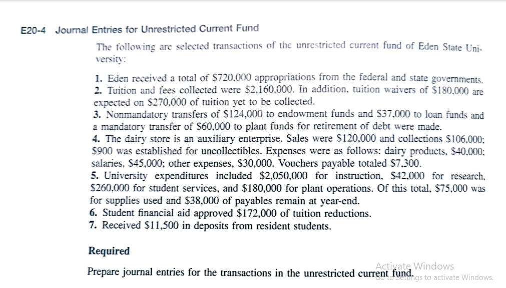 E20-4 Journal Entries for Unrestricted Current Fund
The following are selected transactions of the unrestricted current fund of Eden State Uni.
versity:
1. Eden received a total of $720,000 appropriations from the federal and state governments.
2. Tuition and fees collected were $2,160,000. În addition, tuition waivers of $180.000 are
expected on $270,000 of tuition yet to be collected.
3. Nonmandatory transfers of $124,000 to endowment funds and $37,000 to loan funds and
a mandatory transfer of $60,000 to plant funds for retirement of debt were made.
4. The dairy store is an auxiliary enterprise. Sales were $120,000 and collections $106,000;
$900 was established for uncollectibles. Expenses were as follows: dairy products, $40,000;
salaries, $45,000; other expenses, $30,000. Vouchers payable totaled $7,300.
5. University expenditures included $2,050,000 for instruction, $42,000 for research,
$260,000 for student services, and $180,000 for plant operations. Of this total, $75,000 was
for supplies used and $38,000 of payables remain at year-end.
6. Student financial aid approved $172,000 of tuition reductions.
7. Received $11,500 in deposits from resident students.
Required
Activate Windows
fund. as to activate Windows.
Prepare journal entries for the transactions in the unrestricted current
