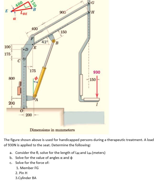 G
H
930
150
800
200
Dimensions in millimeters
The figure shown above is used for handicapped persons during a therapeutic treatment. A load
of 930N is applied to the seat. Determine the following:
a. Consider the 8, solve for the length of LBE and LBA (meters)
b. Solve for the value of angles a and
c. Solve for the force of:
1. Member FG
2. Pin H
3.Cylinder BA
E
100
175
400
R
LBE
C
150
D
400
E
175
200
41⁰ B
900
150