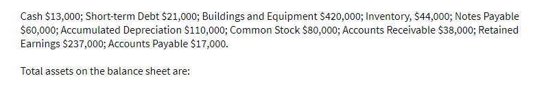 Cash $13,000; Short-term Debt $21,000; Buildings and Equipment $420,000; Inventory, $44,000; Notes Payable
$60,000; Accumulated Depreciation $110,000; Common Stock $80,000; Accounts Receivable $38,000; Retained
Earnings $237,000; Accounts Payable $17,000.
Total assets on the balance sheet are: