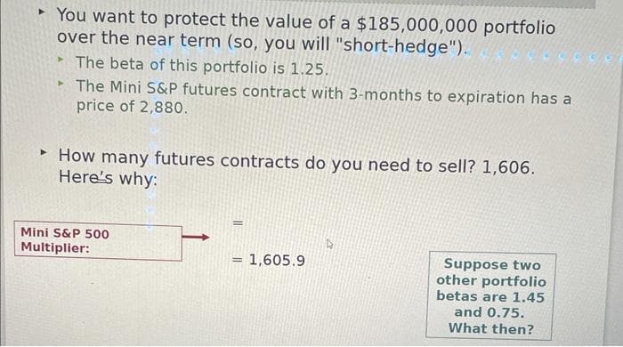 ➤
► You want to protect the value of a $185,000,000 portfolio
over the near term (so, you will "short-hedge").
The beta of this portfolio is 1.25.
► The Mini S&P futures contract with 3-months to expiration has a
price of 2,880.
➤
▸ How many futures contracts do you need to sell? 1,606.
Here's why:
Mini S&P 500
Multiplier:
=
= 1,605.9
Suppose two
other portfolio
betas are 1.45
and 0.75.
What then?