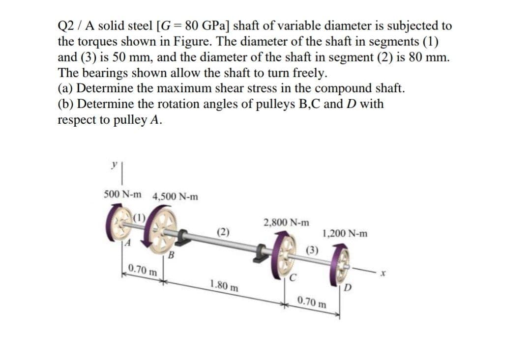Q2 / A solid steel [G= 80 GPa] shaft of variable diameter is subjected to
the torques shown in Figure. The diameter of the shaft in segments (1)
and (3) is 50 mm, and the diameter of the shaft in segment (2) is 80 mm.
The bearings shown allow the shaft to turn freely.
(a) Determine the maximum shear stress in the compound shaft.
(b) Determine the rotation angles of pulleys B,C and D with
respect to pulley A.
500 N-m 4.500 N-m
(1)
2,800 N-m
1,200 N-m
(3)
0.70 m
1.80 m
0.70 m

