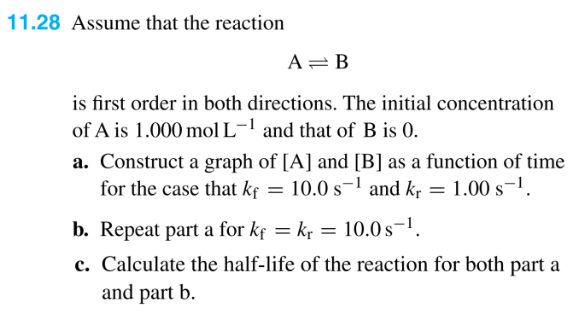 11.28 Assume that the reaction
A = B
is first order in both directions. The initial concentration
of A is 1.000 mol L-1 and that of B is 0.
a. Construct a graph of [A] and [B] as a function of time
for the case that kf = 10.0 s-¹ and kr = 1.00 s-¹.
b. Repeat part a for kf = kr = 10.0s-¹.
c. Calculate the half-life of the reaction for both part a
and part b.