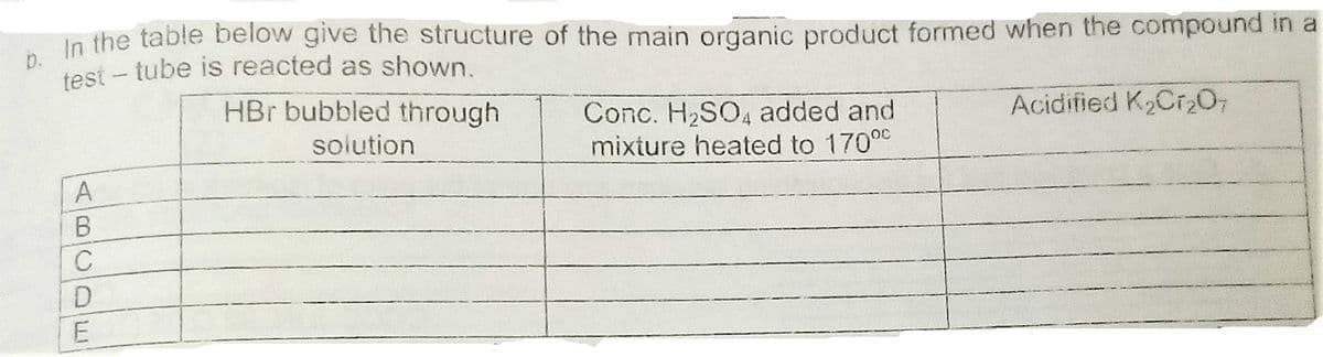 In the table below give the structure of the main organic product formed when the compound in a
test - tube is reacted as shown.
HBr bubbled through
Conc. H2SO4 added and
mixture heated to 17000
Acidified K2CT20;
solution
ABCO E
