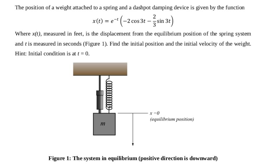 The position of a weight attached to a spring and a dashpot damping device is given by the function
2
x(t) =
e-t (-2 cos 3t – sin 3t
Where x(t), measured in feet, is the displacement from the equilibrium position of the spring system
and t is measured in seconds (Figure 1). Find the initial position and the initial velocity of the weight.
Hint: Initial condition is at t = 0.
x =0
(equilibrium position)
m
Figure 1: The system in equilibrium (positive direction is downward)

