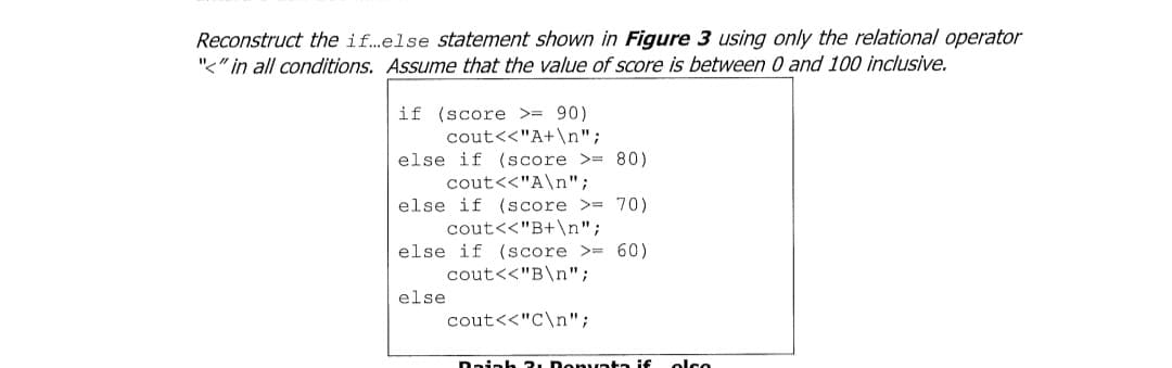 Reconstruct the if..else statement shown in Figure 3 using only the relational operator
"<" in all conditions. Assume that the value of score is between 0 and 100 inclusive.
if (score >= 90)
cout<<"A+\n";
else if (score >= 80)
cout<<"A\n";
else if (score >= 70)
cout<<"B+\n";
else if (score >= 60)
cout<<"B\n";
else
cout<<"C\n";
Raiah 2, Denvata if
olco
