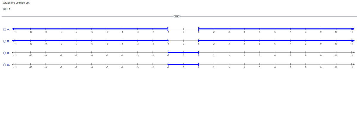 Graph the solution set,
|X| > 1
OA.
-11
-10
-9
-8
-7
-6
-5
-4
-3
-2
4
6.
9.
10
11
OB.
-11
-10
-9
-8
-7
-6
-5
-4
-3
-2
6
8
10
11
Oc.
+
-11
-10
-9
-8
-7
-6
-5
-4
-3
4.
8.
9
10
11
OD.
-11
-10
-9
-8
-7
-6
-5
4
6
8
10
11
