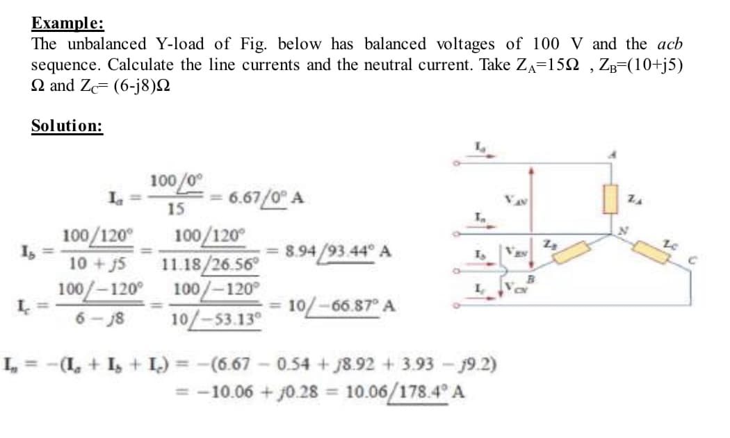 L
Example:
The unbalanced Y-load of Fig. below has balanced voltages of 100 V and the acb
sequence. Calculate the line currents and the neutral current. Take ZA=150, ZB=(10+j5)
2 and Zc (6-j8)
Solution:
100/120⁰
10 + j5
100/-120°
6-18
100/0⁰
15
6.67/0° A
100/120°
11.18/26.56°
100/-120°
10/-53.13⁰
8.94/93.44° A
10/-66.87° A
I₂ VES
I₂ = −(I + Is + 1) = -(6.67 -0.54 +18.92 +3.93 - 19.2)
= -10.06 + 10.28 = 10.06/178.4° A
B
Zz
ZA
N
Le