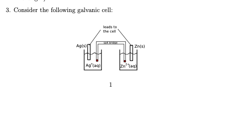 3. Consider the following galvanic cell:
leads to
the cell
Agis)
|Zn(s)
Ag"(aq)
Zntaq)
1
