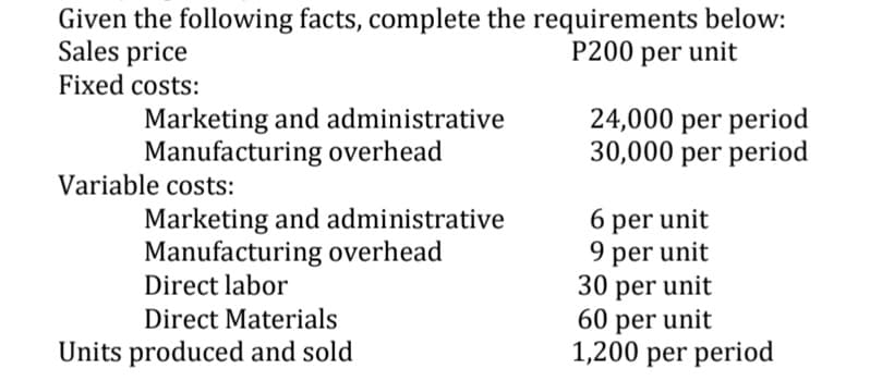 Given the following facts, complete the requirements below:
Sales price
Fixed costs:
P200 per unit
Marketing and administrative
Manufacturing overhead
24,000 per period
30,000 per period
Variable costs:
Marketing and administrative
Manufacturing overhead
Direct labor
6 per unit
9 per unit
30 per unit
60 per unit
1,200 per period
Direct Materials
Units produced and sold
