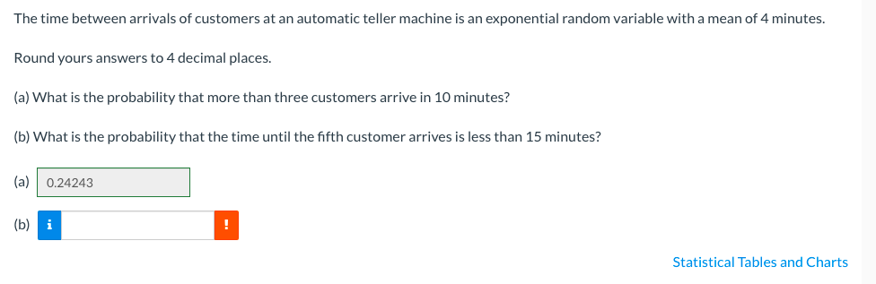The time between arrivals of customers at an automatic teller machine is an exponential random variable with a mean of 4 minutes.
Round yours answers to 4 decimal places.
(a) What is the probability that more than three customers arrive in 10 minutes?
(b) What is the probability that the time until the fifth customer arrives is less than 15 minutes?
(a) 0.24243
(b) i
!
Statistical Tables and Charts
