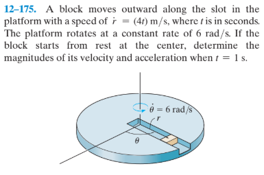 12-175. A block moves outward along the slot in the
platform with a speed of r = (41) m/s, where t is in seconds.
The platform rotates at a constant rate of 6 rad/s. If the
block starts from rest at the center, determine the
magnitudes of its velocity and acceleration when t = 1 s.
ti = 6 rad/s
