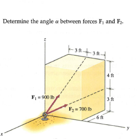 Determine the angle a between forces F1 and F2.
4ft
F = 900 Ib
3 ft
F2 = 700 lb
6ft
