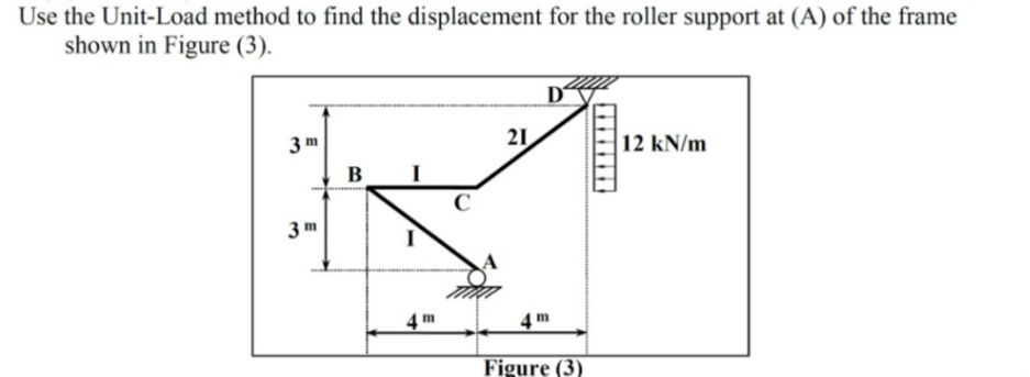 Use the Unit-Load method to find the displacement for the roller support at (A) of the frame
shown in Figure (3).
D
3 m
21
12 kN/m
B
3 m
4 m
4 m
Figure (3)
