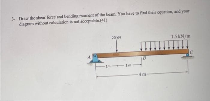 3- Draw the shear force and bending moment of the beam. You have to find their equation, and your
diagram without calculation is not acceptable.(41)
20 kN
1.5 kN/m
B
1m
1 m
4 m
