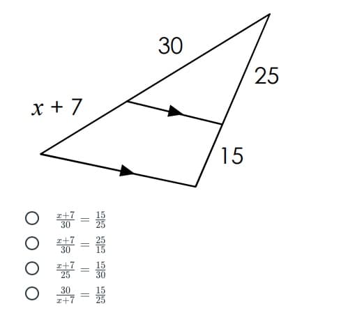 30
25
x + 7
15
z+7
30
%3D
r+7
30
=
z+7
25
15
%3D
30
z+7
