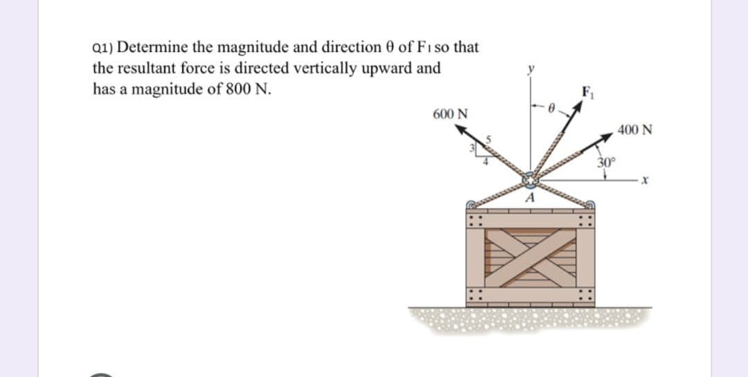 Q1) Determine the magnitude and direction 0 of FIso that
the resultant force is directed vertically upward and
has a magnitude of 800 N.
F1
600 N
400 N
30°
