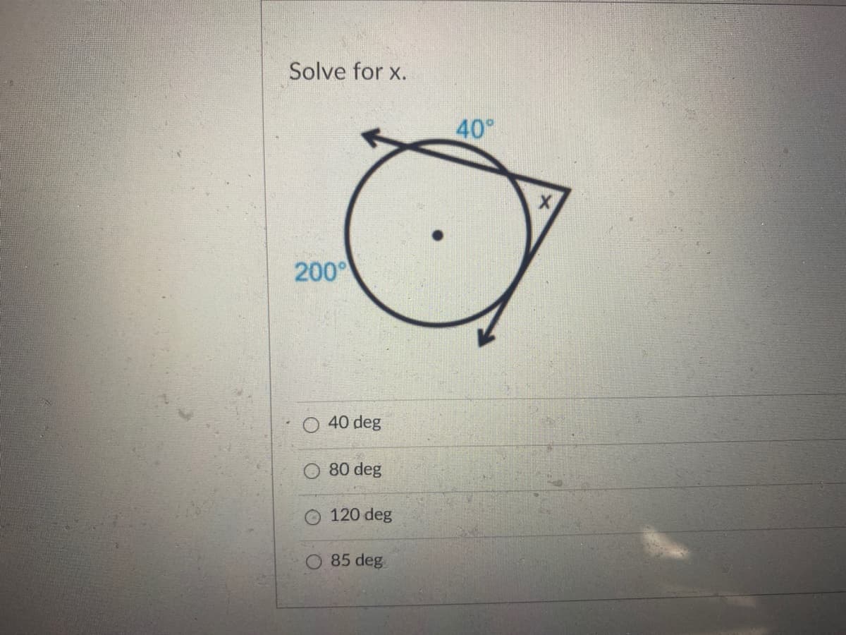 Solve for x.
40°
200°
40 deg
80 deg
120 deg
85 deg
