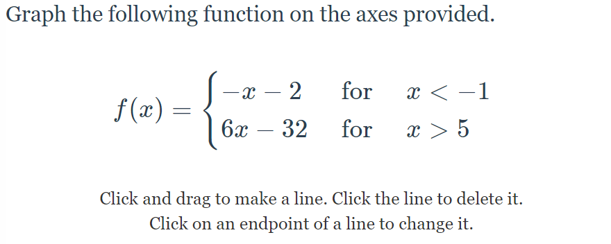 Graph the following function on the axes provided.
-x – 2
for
x < -1
f (x) =
6x
32 for
x > 5
Click and drag to make a line. Click the line to delete it.
Click on an endpoint of a line to change it.
