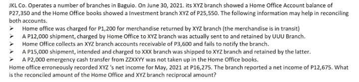 JKL Co. Operates a number of branches in Baguio. On June 30, 2021. its XYZ branch showed a Home Office Account balance of
P27,350 and the Home Office books showed a Investment branch XYZ of P25,550. The following information may help in reconciling
both accounts.
- Home office was charged for P1,200 for merchandise returned by XYZ branch (the merchandise is in transit)
- A P12,000 shipment, charged by Home Office to XYZ branch was actually sent to and retained by UUU Branch.
- Home Office collects an XYZ branch accounts receivable of P3,600 and fails to notify the branch.
- A P15,000 shipment, intended and charged to XXX branch was shipped to XYZ branch and retained by the latter.
A P2,000 emergency cash transfer from ZZXXYY was not taken up in the Home Ooffice books.
Home office erroneously recorded XYZ 's net income for May, 2021 at P16,275. The branch reported a net income of P12,675. What
is the reconciled amount of the Home Office and XYZ branch reciprocal amount?
