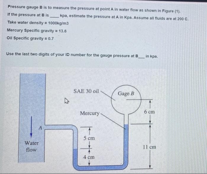 Pressure gauge B is to measure the pressure at point A in water flow as shown in Figure (1).
If the pressure at B is
kpa, estimate the pressure at A in Kpa. Assume all fluids are at 200 C.
Take water density = 1000kg/m3
Mercury Specific gravity = 13.6
Oil Specific gravity = 0.7
Use the last two digits of your ID number for the gauge pressure at B_
in kpa.
SAE 30 oil
Gage B
6 cm
Mercury
5 cm
Water
11 cm
flow
4 cm
