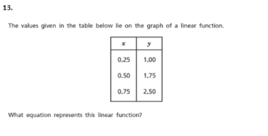 13.
The values given in the table below lie on the graph of a linear function.
0.25
1.00
0.50
1.75
0.75
2.50
What equation represents this linear function?
