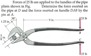 Forces of 25 lb are applied to the handles of the pipe
Determine the force exerted on
pliers shown in Fig.
the pipe at D and the force exerted on handle DAB by the
pin at A.
38°
1.25 in.
-9 in.
25 lb
B
C
125 lb
