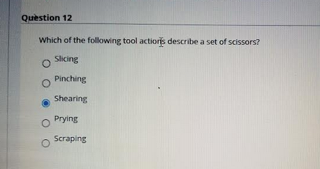 Quèstion 12
Which of the following tool actiors describe a set of scissors?
Slicing
Pinching
Shearing
Prying
Scraping
