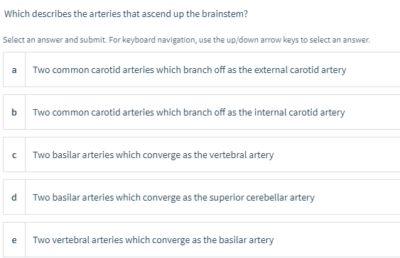 Which describes the arteries that ascend up the brainstem?
Select an answer and submit. For keyboard navigation, use the up/down arrow keys to select an answer.
a
Two common carotid arteries which branch off as the external carotid artery
b
Two common carotid arteries which branch off as the internal carotid artery
Two basilar arteries which converge as the vertebral artery
Two basilar arteries which converge as the superior cerebellar artery
e
Two vertebral arteries which converge as the basilar artery
