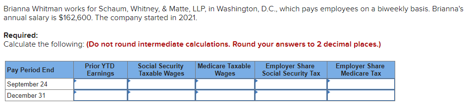 Brianna Whitman works for Schaum, Whitney, & Matte, LLP, in Washington, D.C., which pays employees on a biweekly basis. Brianna's
annual salary is $162,600. The company started in 2021.
Required:
Calculate the following: (Do not round intermediate calculations. Round your answers to 2 decimal places.)
Prior YTD
Earnings
Social Security
Taxable Wages
Medicare Taxable
Wages
Employer Share
Social Security Tax
Employer Share
Medicare Tax
Pay Period End
September 24
December 31