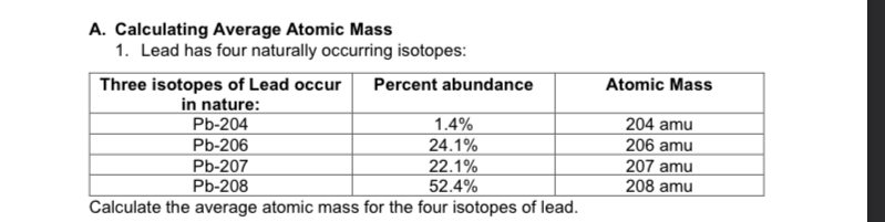 A. Calculating Average Atomic Mass
1. Lead has four naturally occurring isotopes:
Atomic Mass
Three isotopes of Lead occur
in nature:
Pb-204
Pb-206
Pb-207
Percent abundance
1.4%
204 amu
206 amu
207 amu
208 amu
24.1%
22.1%
52.4%
Pb-208
Calculate the average atomic mass for the four isotopes of lead.
