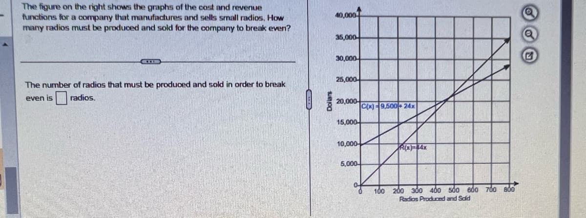 The figure on the right shows the graphs of the cost and revenue
functions for a company that manufactures and sells small radios. How
many radios must be produced and sold for the company to break even?
XXX
The number of radios that must be produced and sold in order to break
even is radios.
Dollars
40,000
35,000
30,000
25,000-
20,000
15,000
10,000-
5,000-
C(x)-9.500+ 24x
R(x)=44x
100 200 300 400 500 600 700 800
Radios Produced and Solid