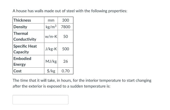 A house has walls made out of steel with the following properties:
Thickness
300
mm
Density
kg/m3 7800
Thermal
Conductivity
w/m-K
50
Specific Heat
Capacity
Embodied
J/kg-K 500
MJ/kg
26
Energy
Cost
$/kg 0.70
The time that it will take, in hours, for the interior temperature to start changing
after the exterior is exposed to a sudden temperature is:
