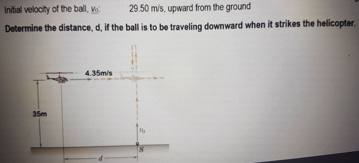 Initial velocity of the ball, vo:
29.50 m/s, upward from the ground
Determine the distance, d, if the ball is to be traveling downward when it strikes the helicopter.
4.35m/s
35m
d
CO
S
B
