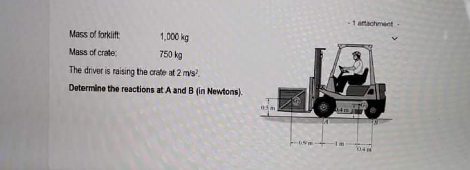 Mass of forklift:
1,000 kg
Mass of crate:
750 kg
The driver is raising the crate at 2 m/s².
Determine the reactions at A and B (in Newtons).
0.5 m
-1 attachment
0.4 m