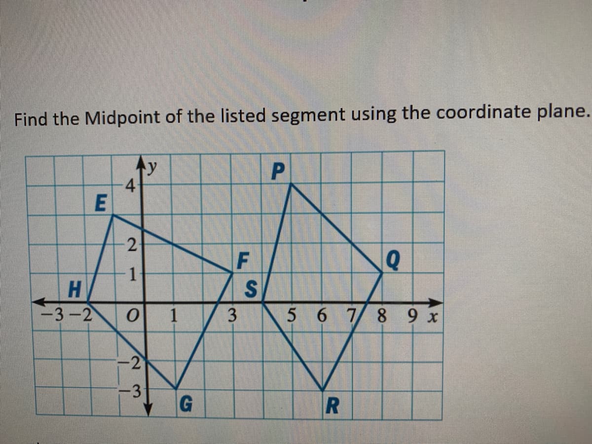 Find the Midpoint of the listed segment using the coordinate plane.
E
Q
1
H
-3-2
1
5 6 78 9 x
-2
3
P
3.
2.
