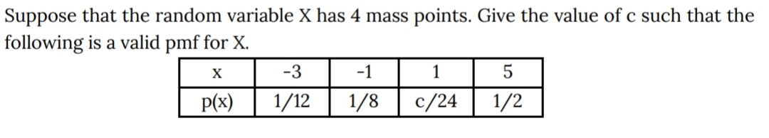 Suppose that the random variable X has 4 mass points. Give the value of c such that the
following is a valid pmf for X.
X
-3
-1
P(x)
1/12
1/8
c/24
1/2
