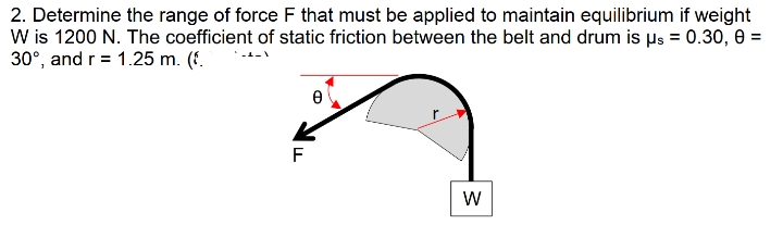 2. Determine the range of force F that must be applied to maintain equilibrium if weight
W is 1200 N. The coefficient of static friction between the belt and drum is us = 0.30, 0 =
30°, and r= 1.25 m. (E.
