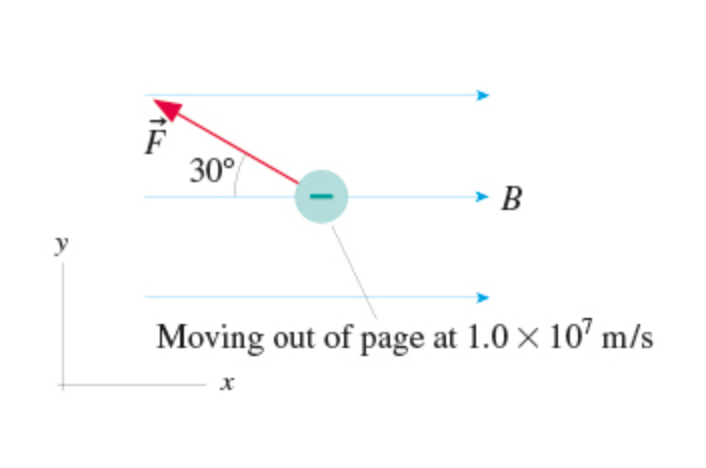 F
30°
B
у
Moving out of page at 1.0 x 107 m/s
х
