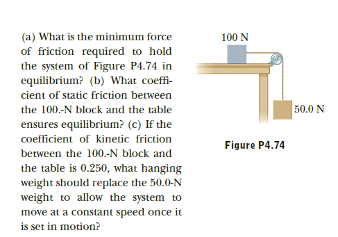 (a) What is the minimum force
of friction required to hold
the system of Figure P4.74 in
equilibrium? (b) What coeffi-
100 N
cient of static friction between
50.0 N
the 100.-N block and the table
ensures equilibrium? (c) If the
coefficient of kinetic friction
Figure P4.74
between the 100.-N block and
the table is 0.250, what hanging
weight should replace the 50.0-N
weight to allow the system to
move at a constant speed once it
is set in motion?

