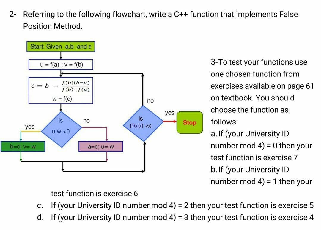2- Referring to the following flowchart, write a C++ function that implements False
Position Method.
Start: Given a,b and ɛ
u = f(a) ; v = f(b)
3-To test your functions use
one chosen function from
F(b)(b-a)
f(b)-f(a)
exercises available on page 61
C = b -
w = f(c)
on textbook. You should
no
choose the function as
yes
is
is
follows:
no
Stop
yes
|f(c)| <ɛ
uw <0
a. If (your University ID
number mod 4) = 0 then your
b=c; v= w
a=c; u= w
test function is exercise 7
b.If (your University ID
number mod 4) = 1 then your
test function is exercise 6
c. If (your University ID number mod 4) = 2 then your test function is exercise 5
d. If (your University ID number mod 4) = 3 then your test function is exercise 4
%3D
%3D
